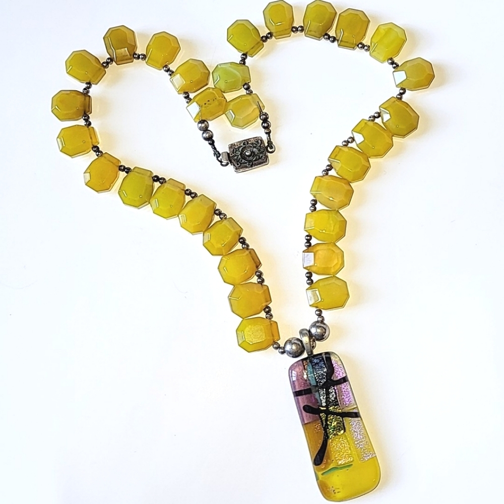 MOMO GLASSWORKS PENDANT on 20" GOLD GLASS BEAD NECKLACE - STERLING SILVER CLASP